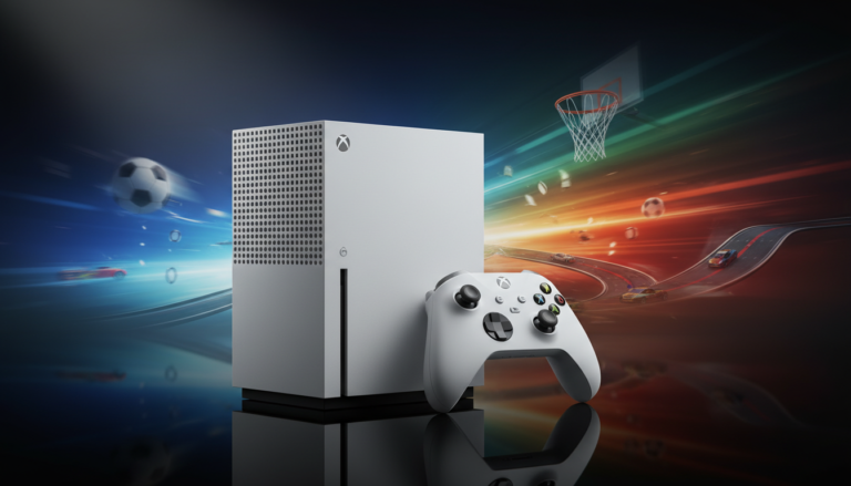 Console Xbox Series S com controle, em cenário que simula jogos de esporte, como futebol e corrida, enfatizando a experiência de jogo.