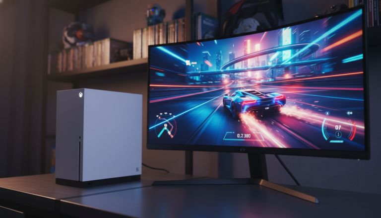 Console Xbox Series S rodando um jogo de corrida de última geração com gráficos impressionantes