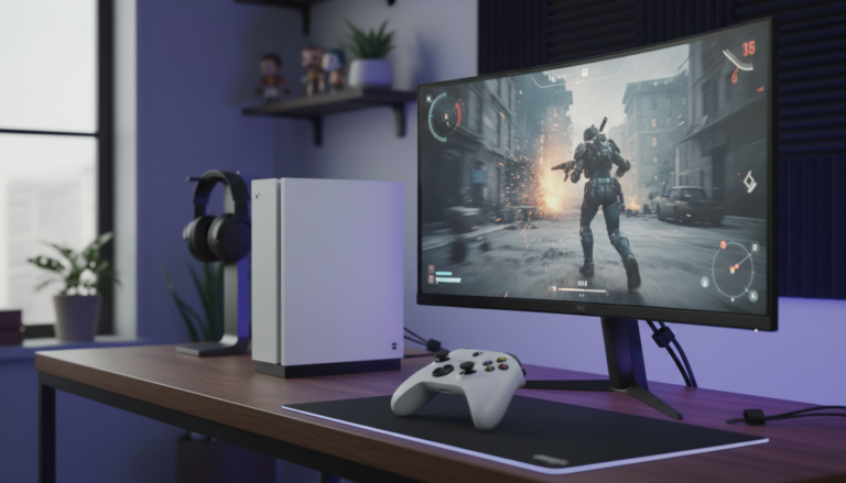 Xbox Series S rodando jogo de tiro em monitor gamer com controle