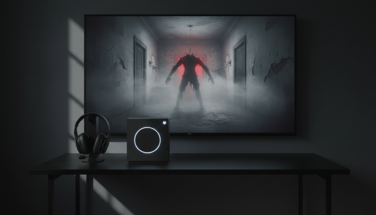 Xbox Series S com cena de jogo de terror na tela, fones de ouvido e ambiente escuro