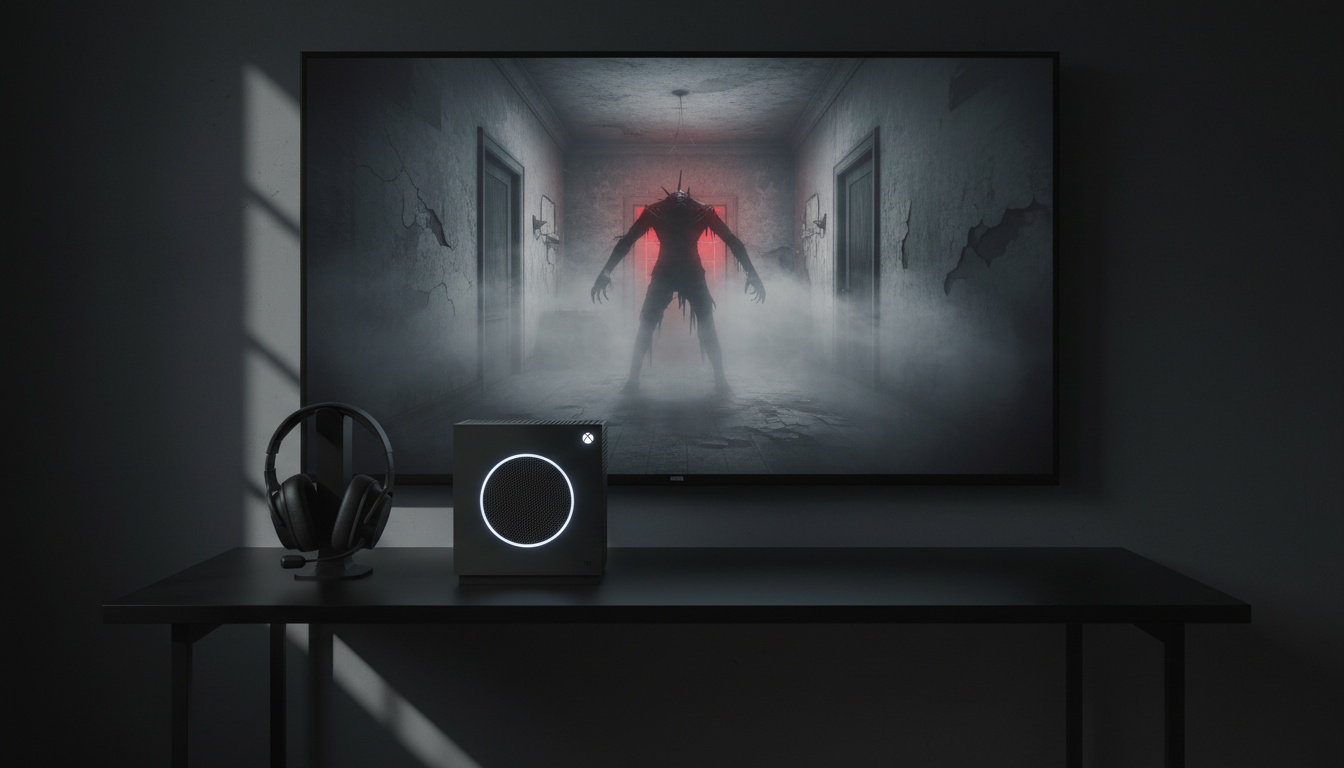 Xbox Series S com cena de jogo de terror na tela, fones de ouvido e ambiente escuro