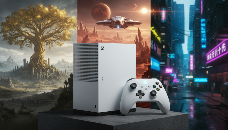 Console Xbox Series S branco com controle, e ao fundo, cenários de RPGs como Elden Ring, Starfield e Cyberpunk 2077.