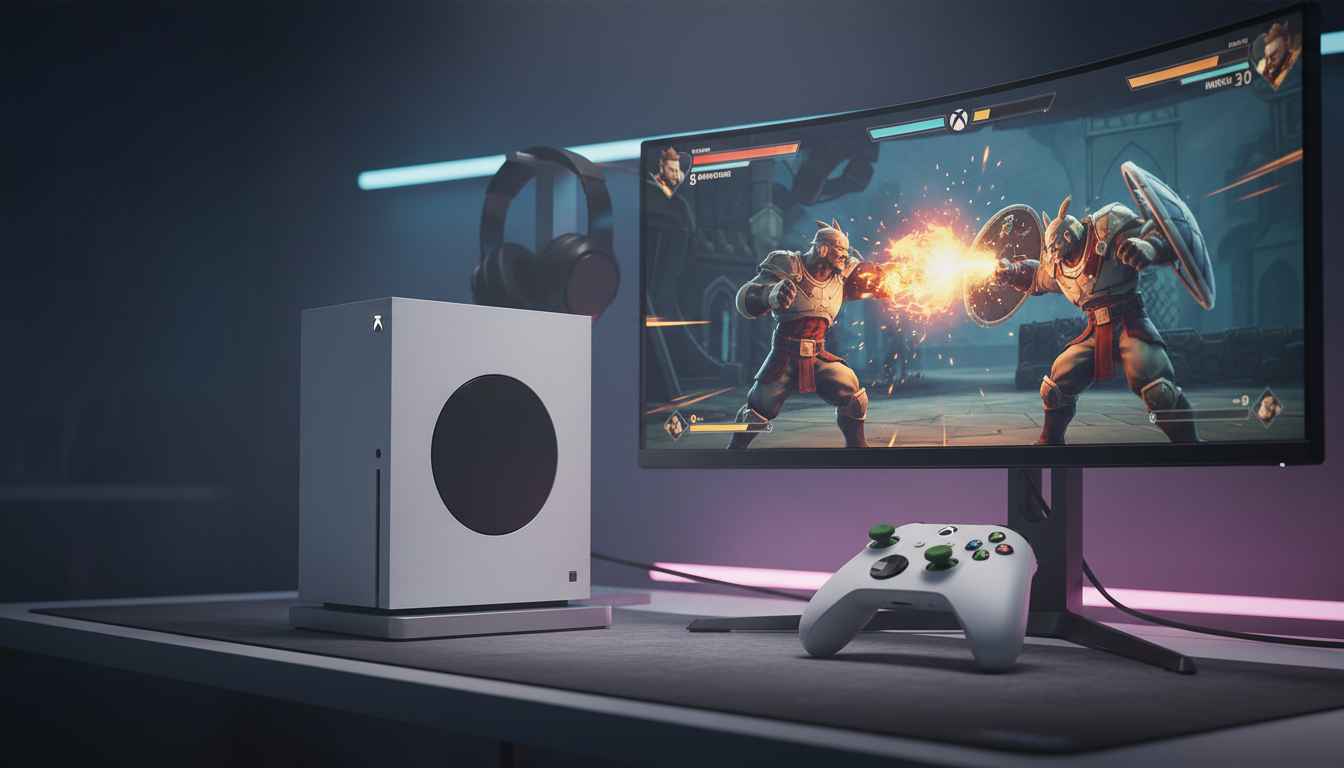 Xbox Series S com tela mostrando jogo de luta, controle sem fio