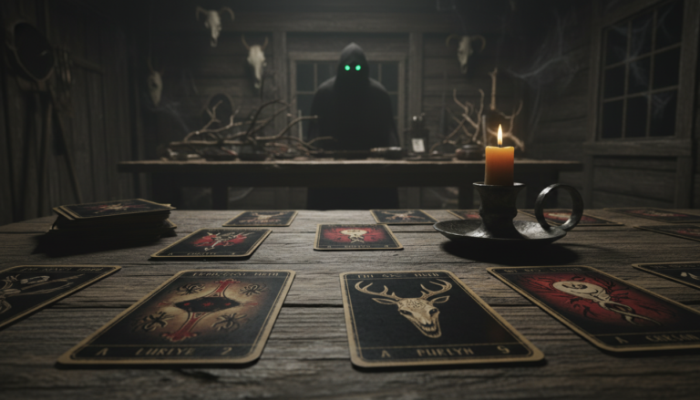 Interior da cabana de Inscryption com Leshy, cartas de jogo e atmosfera sombria