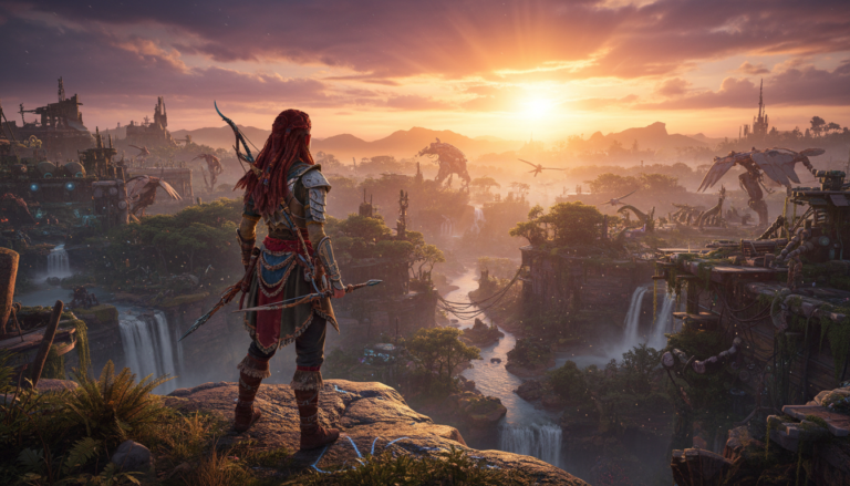 Aloy em Horizon Forbidden West no PS5, gráficos de nova geração, paisagem futurista detalhada, pôr do sol, máquinas, fidelidade visual.
