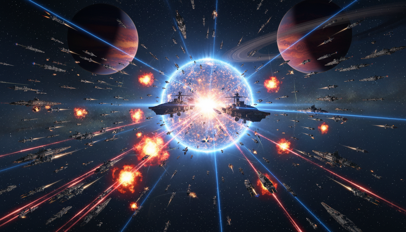 Batalha espacial épica com naves capitais e titãs de Sins of a Solar Empire: Rebellion em combate intenso