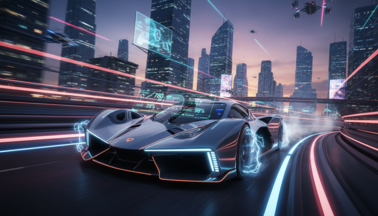 Carro de corrida futurista, jogos de corrida PC 2026, simulação de velocidade, pista neon, tecnologia de jogos, eSports de corrida