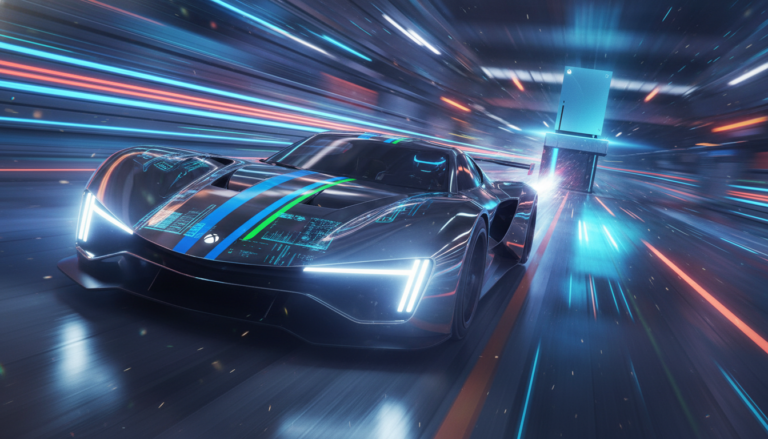 Carro de corrida esportivo futurista em alta velocidade, pista borrada, Xbox Series S ao fundo