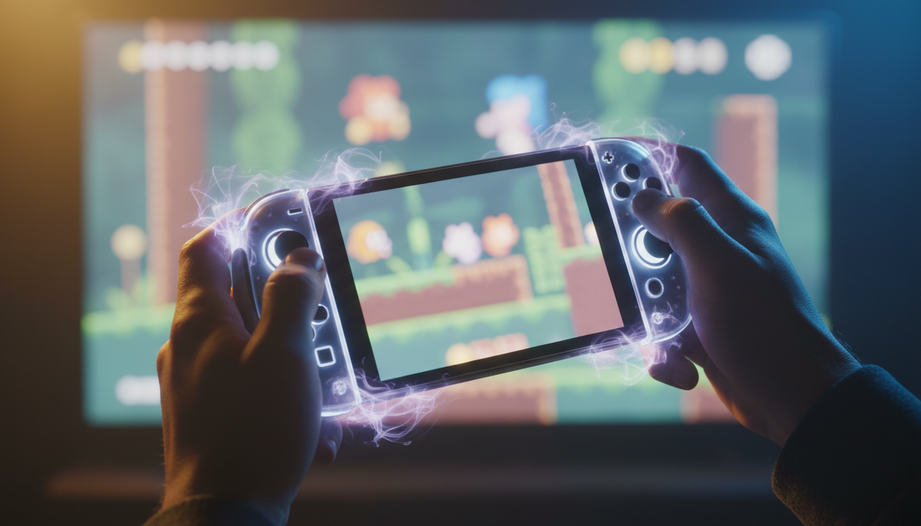 Mãos segurando controle do Switch 2 com feedback háptico, jogando plataforma