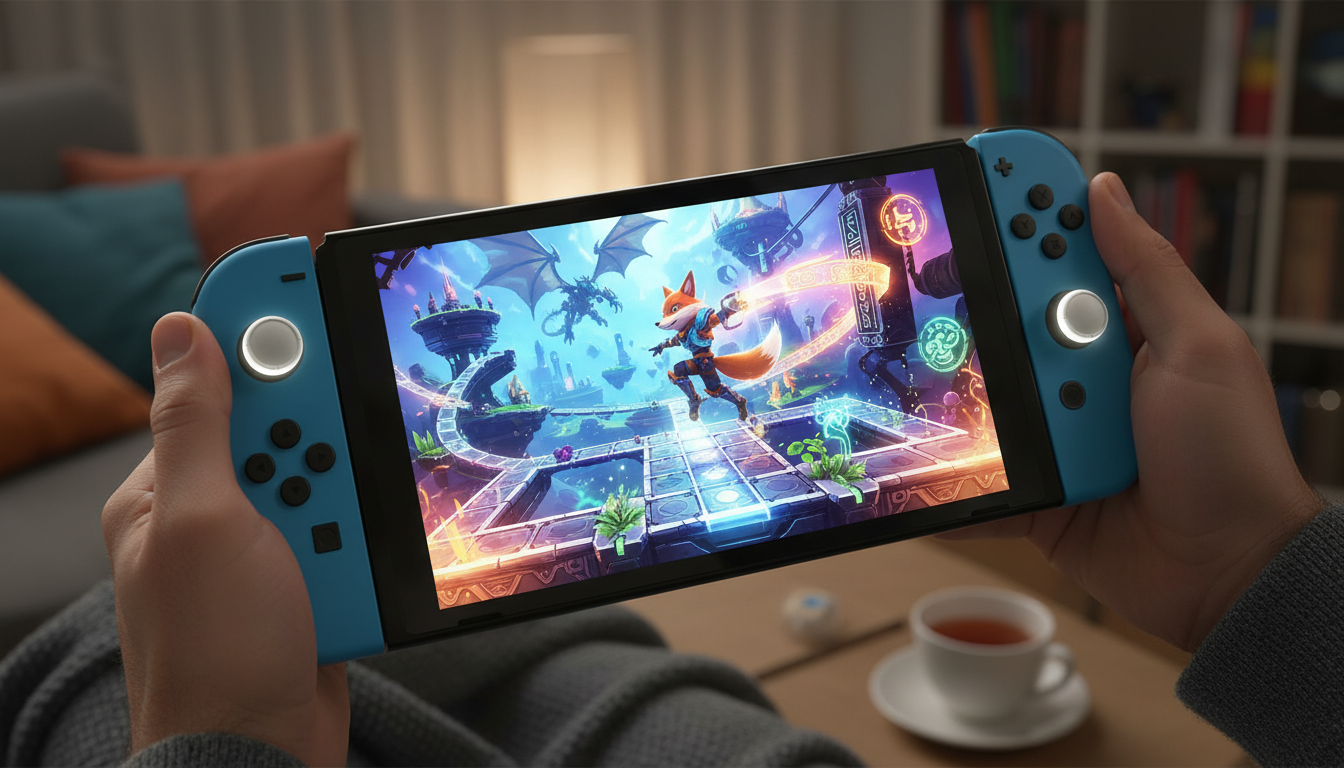 Cena de jogo de plataforma vibrante no Switch 2, mostrando um personagem explorando um caminho secreto e colecionáveis ocultos.