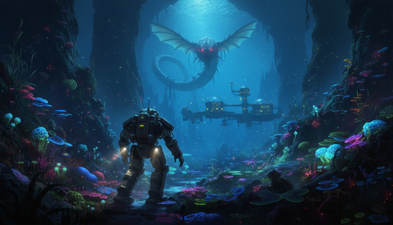 Imagem de gameplay de Subnautica no PC, mostrando exploração, base e criatura leviathan