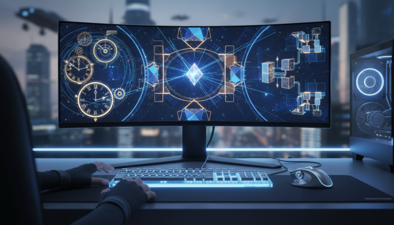 Jogador concentrado em um jogo de puzzle futurista em um PC, com elementos gráficos de manipulação temporal e de luz.