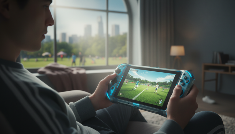 Nintendo Switch 2 com jogo de futebol, gráficos realistas, gamer jogando, console híbrido