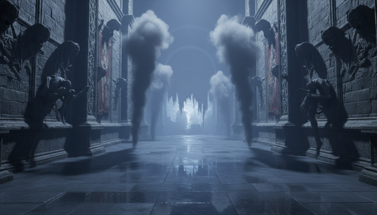 Corredor de castelo gótico em jogo de terror PS5 com Ray Tracing, Análise do Gráfico de Horror em Jogos de Terror para PS5
