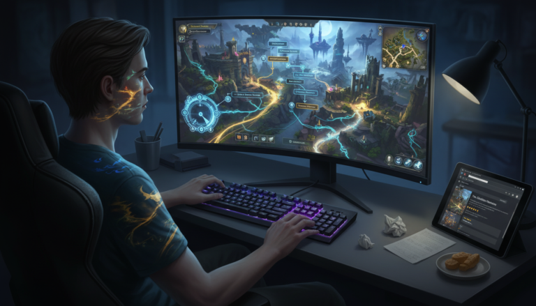 Jogador escolhendo RPG de PC, reviews de jogos, guia de RPG, imersão em jogos, PC gaming