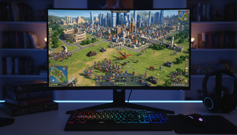 Screenshot de Rise of Nations Extended Edition com cidade, exército e UI