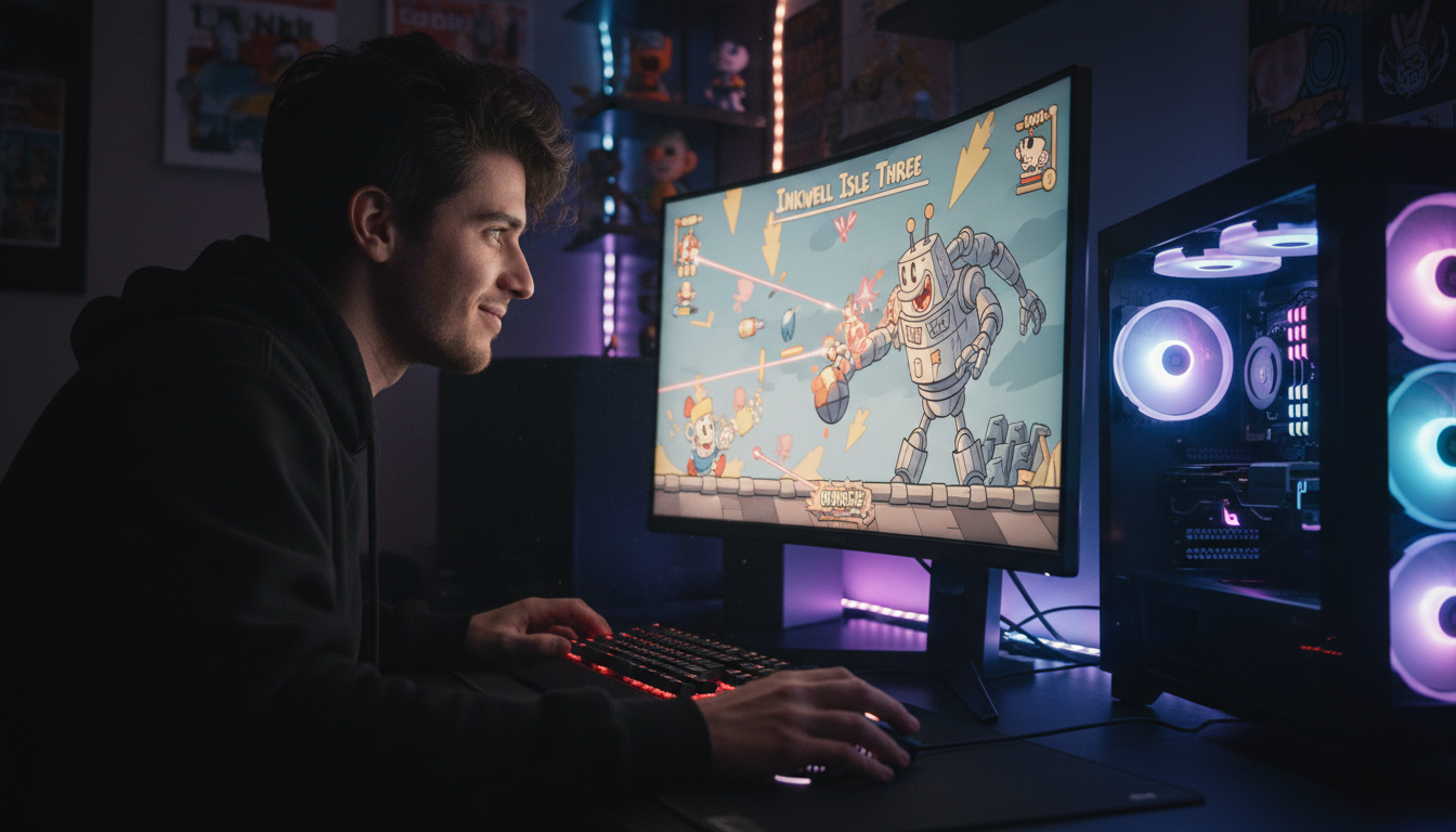 Gamer jogando Cuphead no PC, desafio, tela de chefes, setup gamer