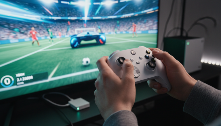 Mãos segurando controle Xbox Series S jogando futebol em tela, jogos de esportes Xbox Series S