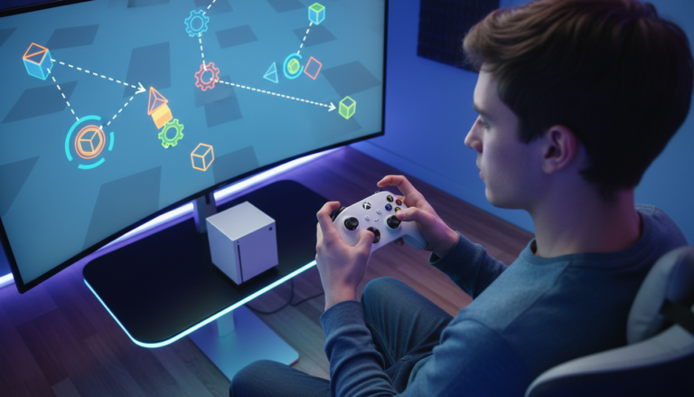 Pessoa jogando Puzzles de Física no Xbox Series S, com gráficos de jogo vibrantes e elementos de física interativos na tela.