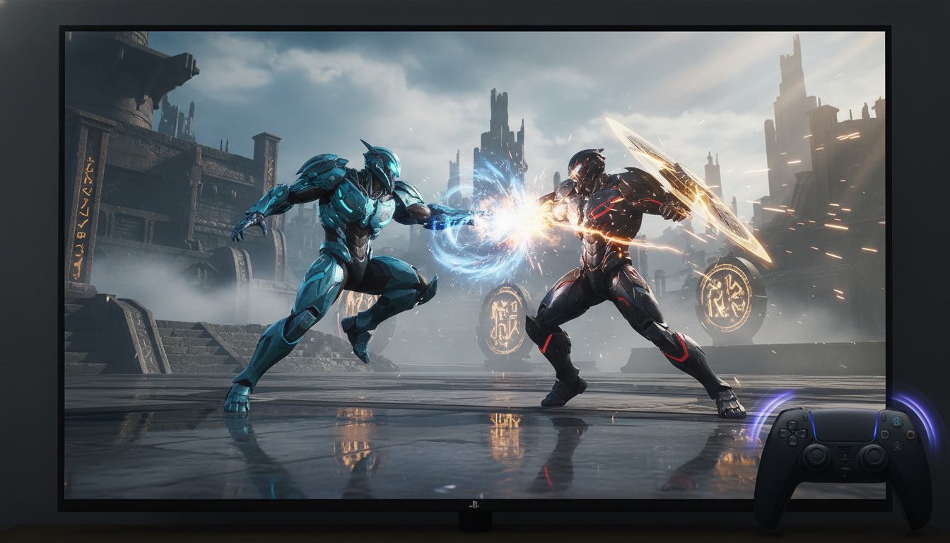 Cenário de combate de jogo de luta no PS5, personagens futuristas, gráficos de nova geração, lançamentos 2026