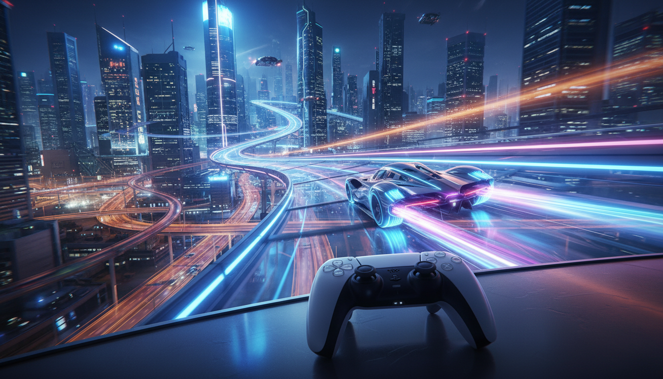 Carro de corrida futurista em alta velocidade numa pista tecnológica, com o controle DualSense do PS5, representando os lançamentos de jogos de corrida de 2026.
