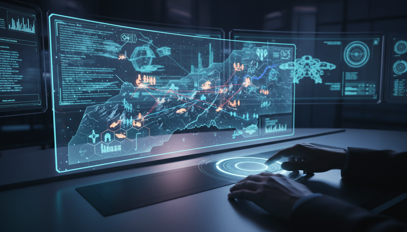 Holograma de mapa estratégico, jogos de estratégia PC 2026, comando tático, tecnologia de jogos, planejamento de batalha