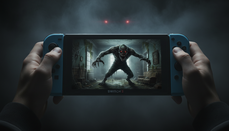 Nintendo Switch 2 exibindo jogo de terror, console portátil, experiência de horror, gráficos de nova geração, mãos segurando console, monstro na tela.