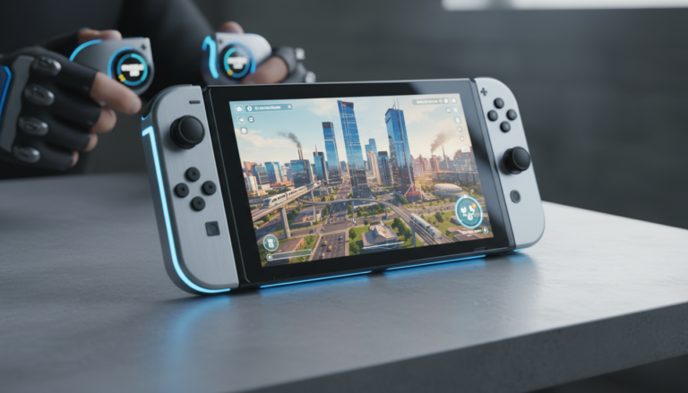 Nintendo Switch 2 rodando jogo de simulação com gráficos avançados, mostrando inovação e tecnologia híbrida