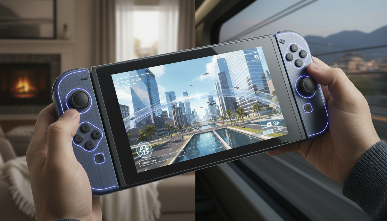 Nintendo Switch 2 com jogo de simulação de cidade em tela, mostrando potencial gráfico