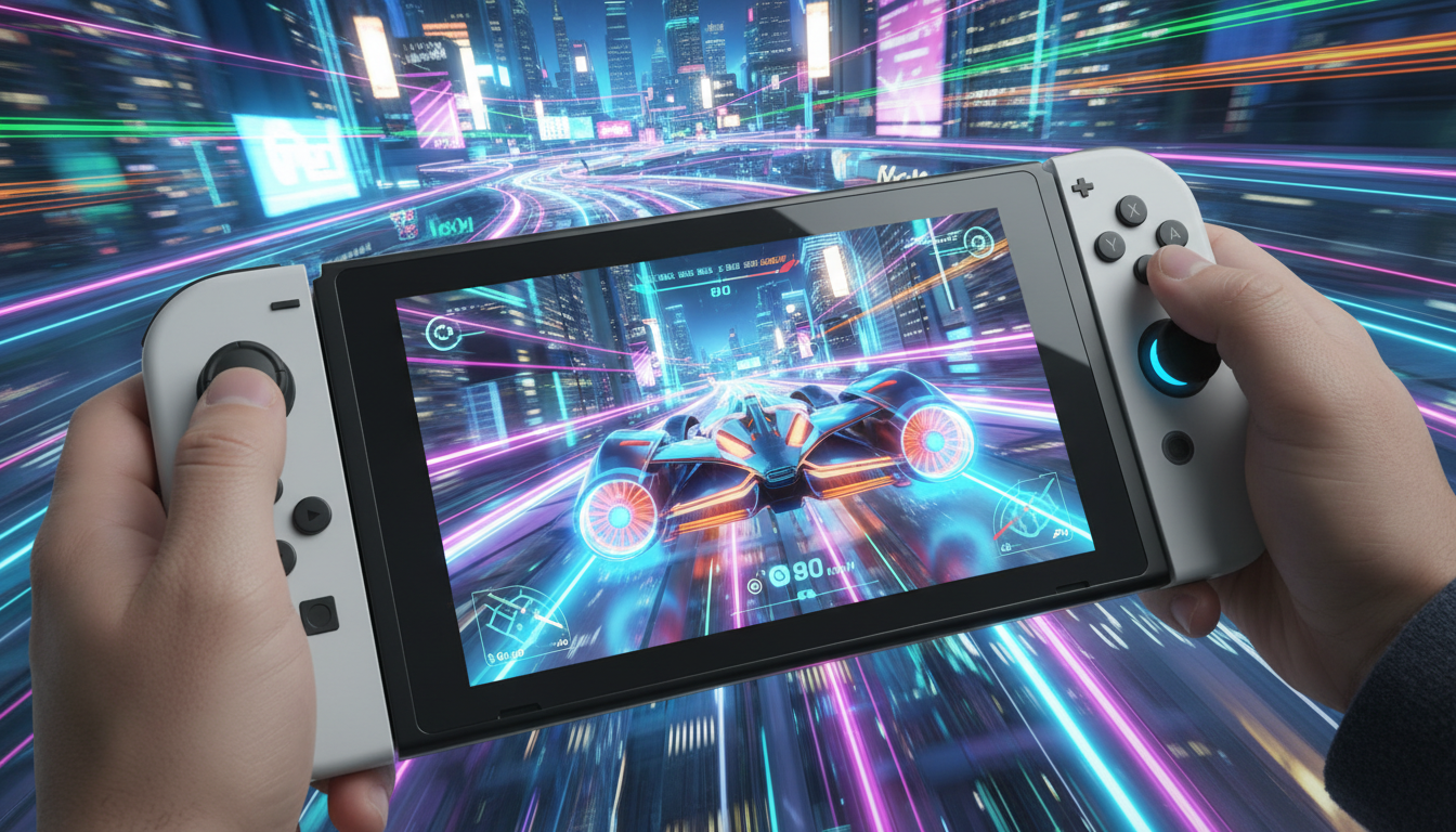 Nintendo Switch 2, jogos de corrida, gráficos de próxima geração, ray tracing, console, Joy-Con, jogo futurista, velocidade, inovação, tela de jogo