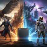 Xbox Series S com personagens e cenários dos melhores RPGs como The Witcher 3, Starfield, Cyberpunk 2077, Elden Ring, Mass Effect, Dragon Age, Fallout 4 e Disco Elysium.