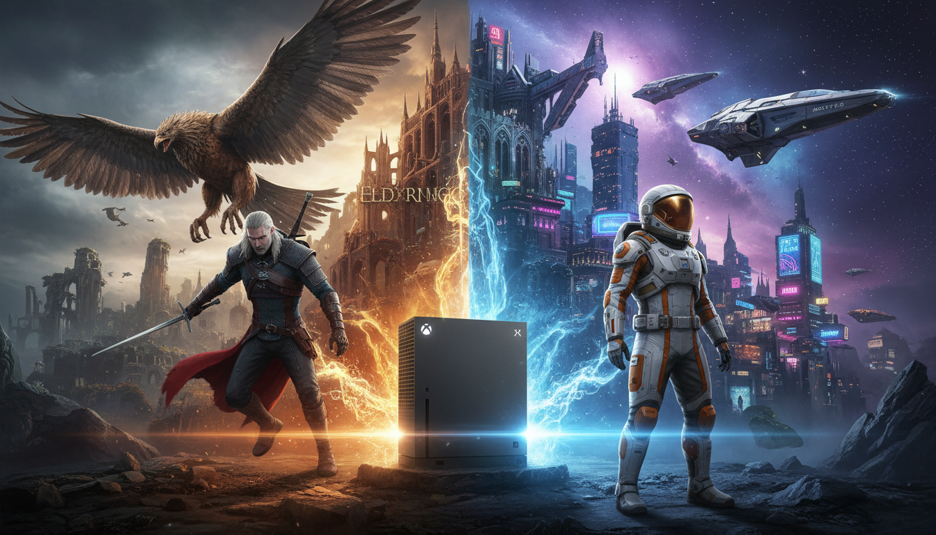 Xbox Series S com personagens e cenários dos melhores RPGs como The Witcher 3, Starfield, Cyberpunk 2077, Elden Ring, Mass Effect, Dragon Age, Fallout 4 e Disco Elysium.