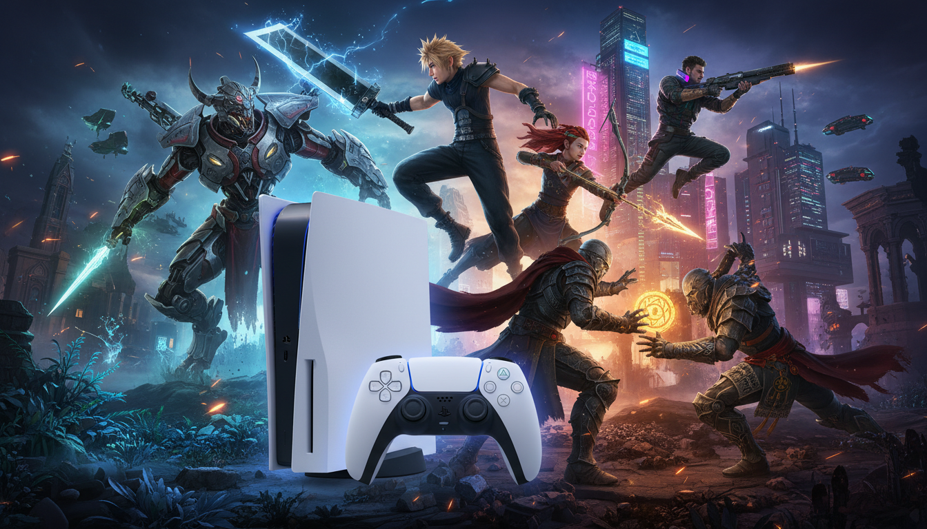 Coleção de Top 10 RPGs para PS5 com personagens de Final Fantasy VII Rebirth, Elden Ring, Baldur's Gate 3, Cyberpunk 2077, Demon's Souls, Hogwarts Legacy, Horizon Forbidden West, Diablo IV, Tales of Arise e Dragon's Dogma 2.