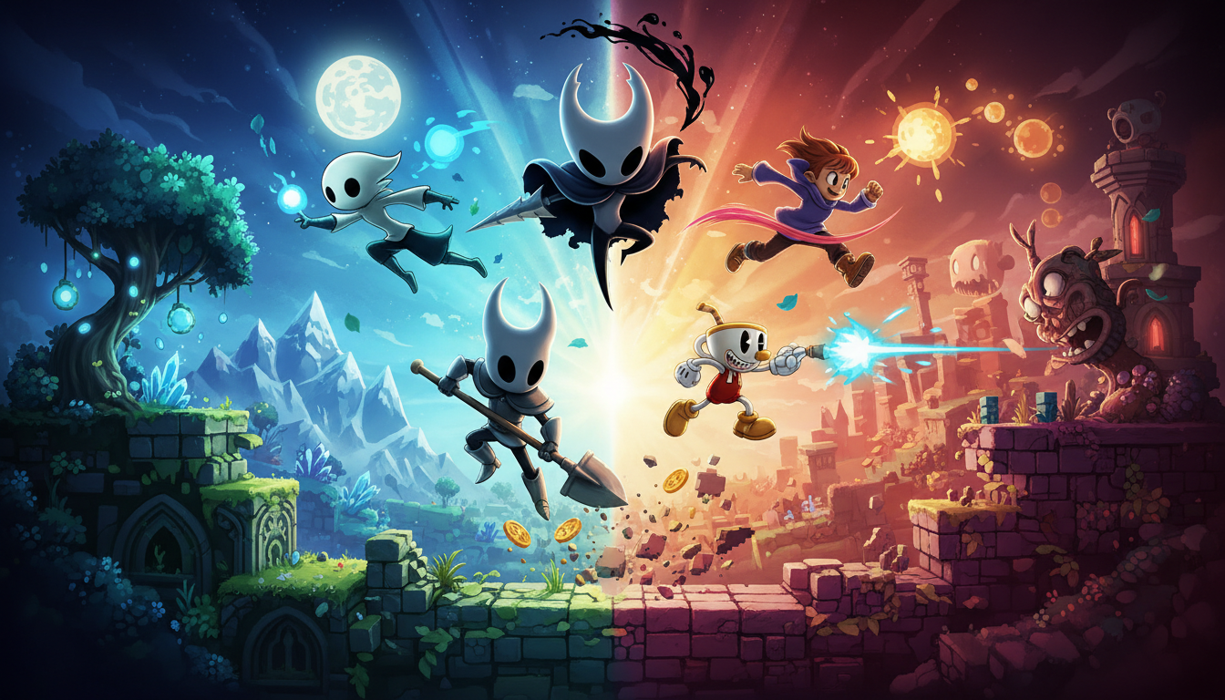 Ilustração com personagens de Hollow Knight, Celeste, Ori, Shovel Knight, Cuphead e outros jogos de plataforma para PC em ação.