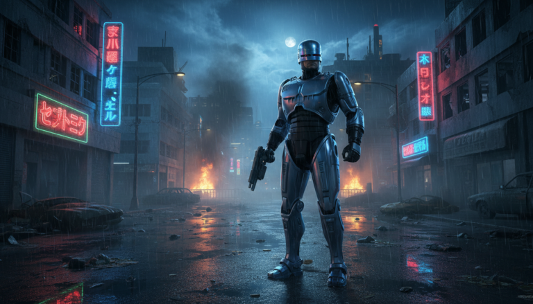RoboCop empunhando Auto-9 em Detroit à noite, jogo RoboCop: Rogue City no PC