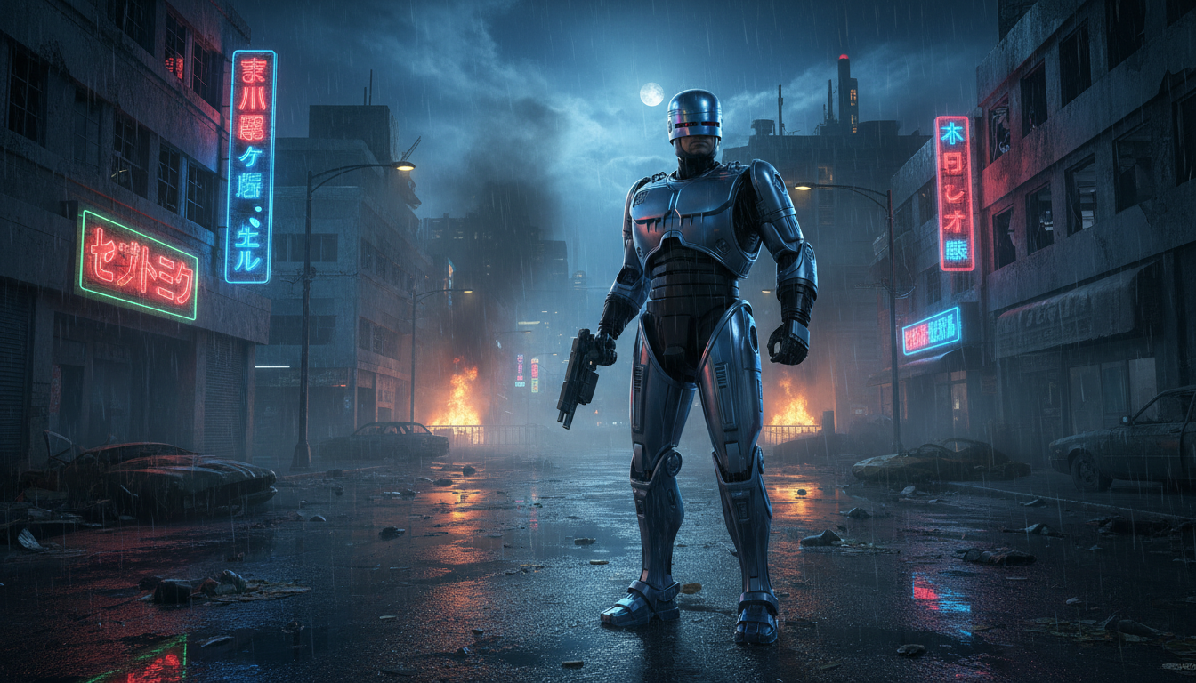 RoboCop empunhando Auto-9 em Detroit à noite, jogo RoboCop: Rogue City no PC