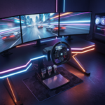 Setup de jogos de corrida para PC com volante, pedais, múltiplos monitores e iluminação RGB, focado nos lançamentos de 2026.