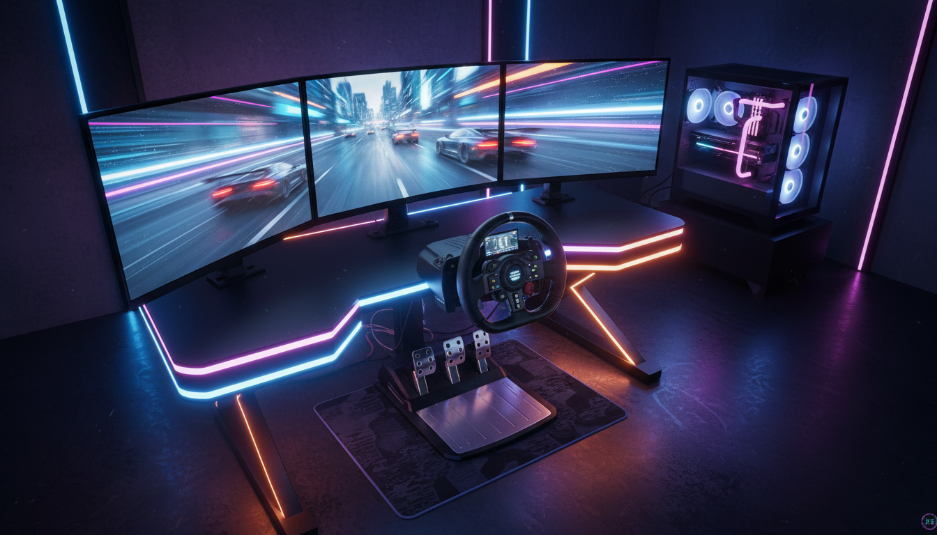 Setup de jogos de corrida para PC com volante, pedais, múltiplos monitores e iluminação RGB, focado nos lançamentos de 2026.