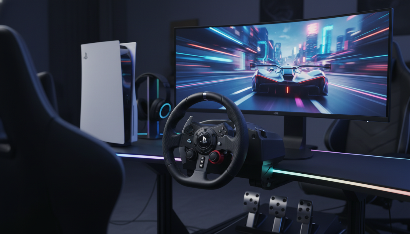 Setup de jogos de corrida no PlayStation 5 com volante, pedais e tela exibindo um jogo de corrida fotorrealista para 2026.