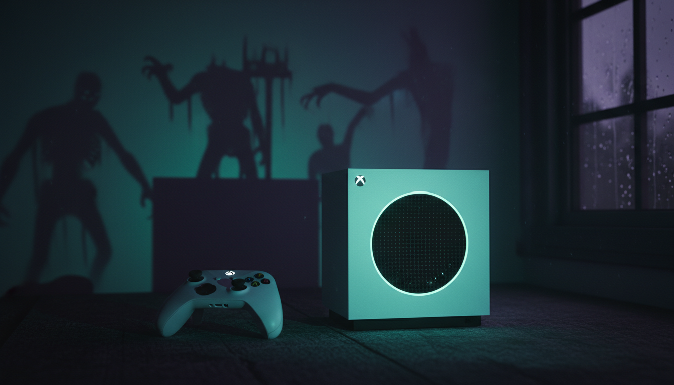 Console Xbox Series S com iluminação sombria, simbolizando a rejogabilidade e imersão em jogos de terror.
