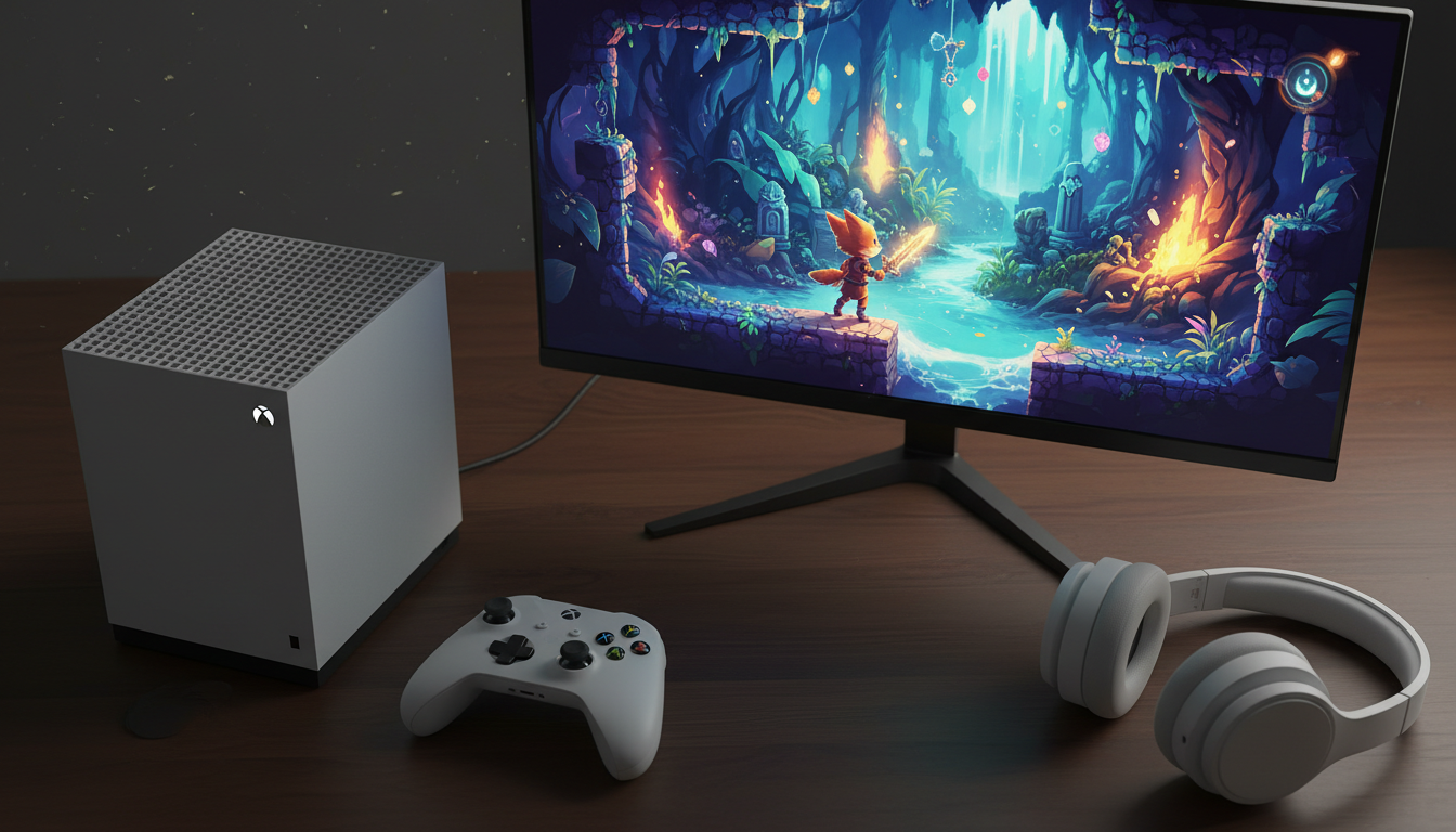 Xbox Series S com imagem de jogo de plataforma como Ori ou Tunic, destacando joias escondidas