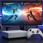 Console Xbox Series S com controle exibindo imagem de jogo de luta, como Street Fighter 6 ou Mortal Kombat 1