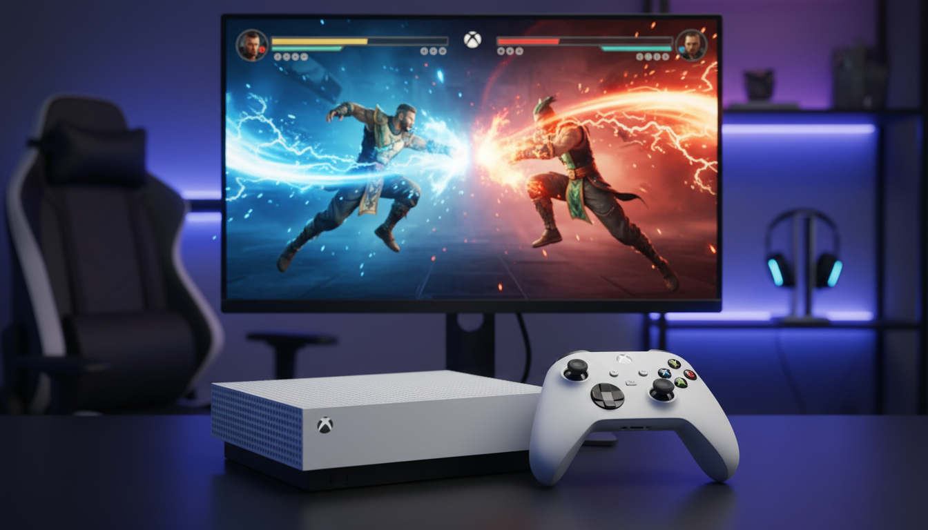 Console Xbox Series S com controle exibindo imagem de jogo de luta, como Street Fighter 6 ou Mortal Kombat 1