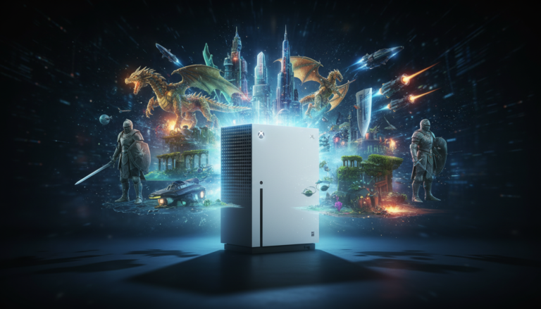 Console Xbox Series S com projeções de personagens de RPG (fantasia e ficção científica) e mundos de jogos, simbolizando RPGs de 2026