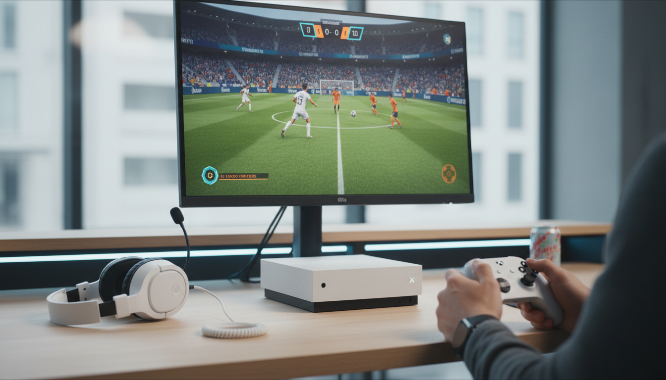 Console Xbox Series S branco em mesa gamer com monitor mostrando jogo de eSports e controle na mão do jogador