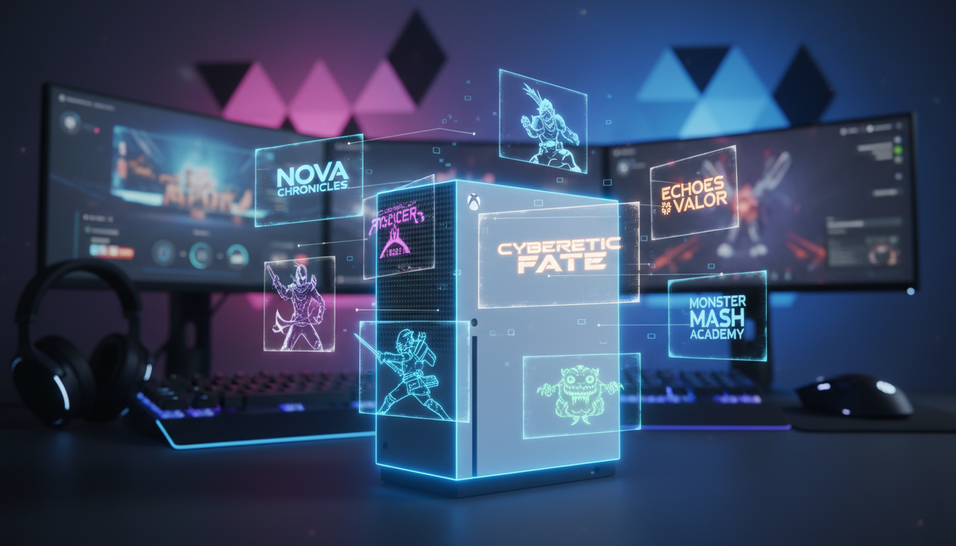 Console Xbox Series S com jogos de 2026 projetados e luzes futuristas, representando os lançamentos esperados.