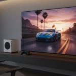 Xbox Series S rodando jogo de corrida, console branco, tela com carro de corrida, alta velocidade