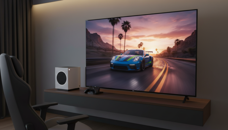 Xbox Series S rodando jogo de corrida, console branco, tela com carro de corrida, alta velocidade