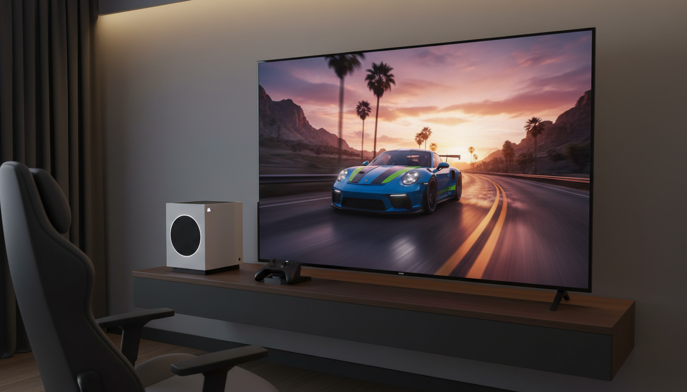 Xbox Series S rodando jogo de corrida, console branco, tela com carro de corrida, alta velocidade