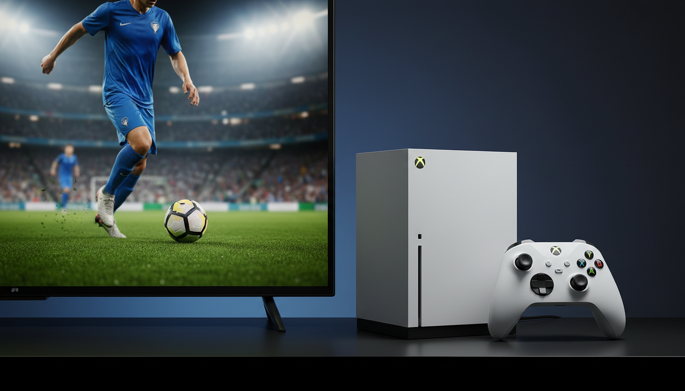 Console Xbox Series S com controle, exibindo FIFA 24 ou Forza Horizon 5 na tela, representando os melhores jogos de esportes otimizados para o console.